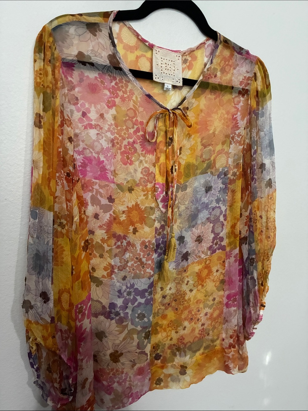 Johnny Was Jade Silk Becky Sheer Floral Tie-Neck Blouse in Yellow and Pink - Picture 7 of 10